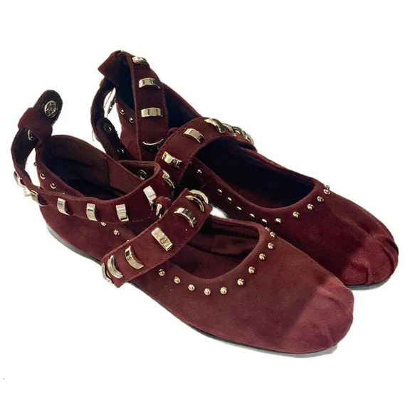 🍷 ZARA Leather Studded Ballet Flats NWT | Burgundy Suede Buckle Strap 7.5–8 - Picture 10 of 16